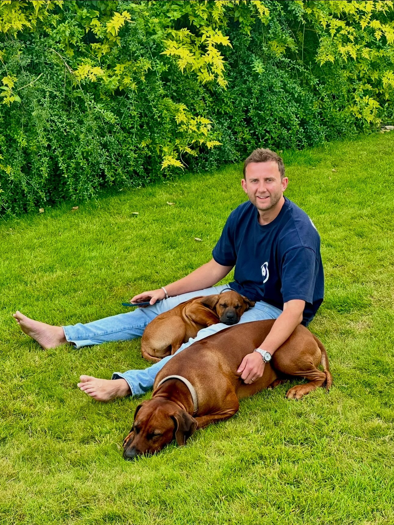 Hugo sitting on the grass with two dogs resting beside him